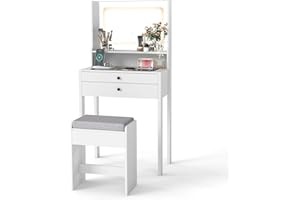 COSTWAY Small Dressing Table with Adjustable 3-Color LED Lights Mirror and Stool, 64cm Compact Bedroom Makeup Table Vanity Desk with Charging Station, Tempered Glass Top, Shelf & 2 Drawers (White)
