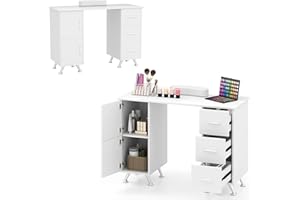HOMASIS Tavolo per Manicure in Legno, Scrivania per Unghie con 3 Cassetti, 2 Armadietti, Poggiapolsi Rimovibile, Tavolo da Nail Art con Piedini Metallici per Salone di Bellezza, Trucco (Bianco)