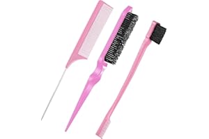 LIDOUK Hair Brush Set with Edge Brush, Bristle Brush, Rat Tail Comb, Teasing Brush Set for Smoothing Baby Hair & Flyaways - Pink (3 Pcs)