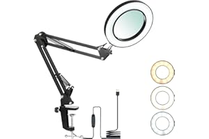 Lampe loupe à LED avec Pince, Loupe avec Lumière de 8 Dioptries Lampe de Loupe éclairées 3 Couleurs Bras Pivotant, Dimmable Lumière pour la Lecture pour Table ou Atelier（8X）
