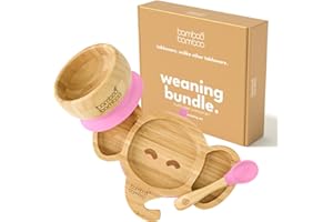 bamboo bamboo Baby Plate & Bowl Set for Feeding and Weaning, Bamboo Elephant Plate, Toddler Bowl & Baby Spoon, Suction Plates for Babies from 6 Months (Pink)