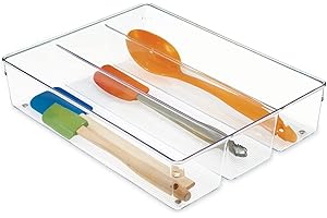 INTERDESIGN iDesign Cubertero para dividir cajones, organizador de cajones grande de plástico con 3 compartimentos, separador de cajones para cubiertos y utensilios largos, transparente