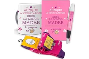 mundohuevo Super Regalo personalizado para madres. Aunque a veces ladres eres la mejor madre. Taza, libreta, boli y trio de calcetines
