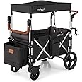 COSTWAY Push Pull Stroller Wagon for 2 Kids, Collapsible Trolley with Adjustable Handle Bar, Removable Canopy, 5-Point Harness and Drapes, Outdoor Camping Cargo Cart (Black)