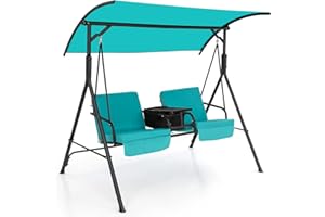 RELAX4LIFE 2 Seater Canopy Swing Chair, Outdoor Porch Swing Bench Hammock with Adjustable Canopy, Cooler Bag, Rotatable Tray and Cushions, Garden Patio Swing Loveseat for Backyard Poolside (Turquoise)