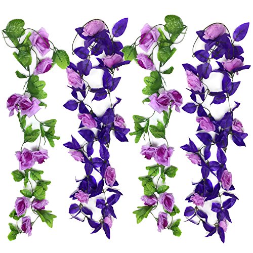PietyDeko 4 Pack Purple Artificial Rose Garlands Vine Flower with Leaves Fake Hanging Plant for Home Yard Fence Wedding Garden Decoration