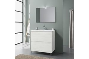 Kiamami Valentina - Mobile Bagno A Terra | 2 Cassetti Estrazione Totale | Lavabo Ceramica | Specchio Telaio | Piedini Cromati, Bianco, 80 cm, Legno, Design Moderno