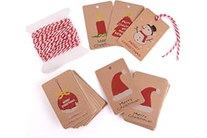Kuuqa 50 Pièces Kraft Papier De Noël Étiquettes De Cadeau pour Noël Cadeau Emballage Étiquette avec Corde Suspendue, 5 Conception Différente