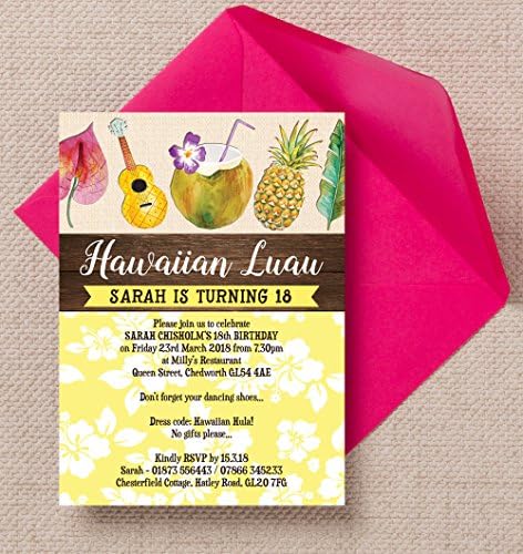 Personalised Hawaiian Luau Birthday Invitations with Envelopes (Pack of 10)