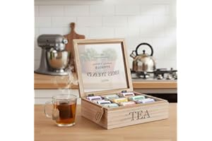 MAISON DES CADEAUX Vintage 9 Compartment Tea Bag Holder, General Store Farmers Market Teabag Organizer, Farmhouse Countertop Kitchen Accessory Décor Storage Box