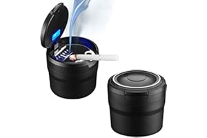 Geoyien Cenicero Coche con Tapa, Luz LED Totalmente Automática, Sellada, Resistente a Altas Temperaturas, Desmontable, Gran Capacida (2 x Negro)