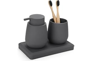 AJEUNGAIN Juego de Baño Accesorios Gris, 3 Piezas Set de Baño Moderno - Dispensador de Jabón, Soporte Cepillo de Dientes, Bandeja para Organizar (Gris)
