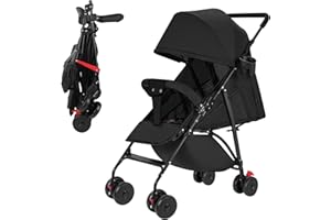 Sinbide Pousstte Bébé Poussette Canne Poussette Compacte Poussette Pliable et Inclinable Roues Maniables et Légères Dossier Réglable Matériau Anti-UV Avec pochette de rangement Cadeau pour bébé, Noir