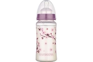 BABY-NOVA babynova Biberon a Collo Largo 300 ml con Tettarella in Silicone a Flusso Medio Anti-Colica - Prodotto in Germania - Senza BPA - Fiore di Ciliegio