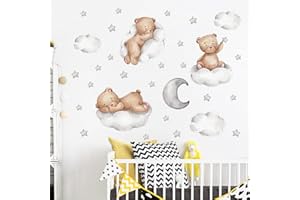 TXKRHWA Decorative Wall Stickers, Bears Clouds Moon and Stars Wall Stickers, Cartoon Cute Bears Wall Decals Window Stickers for Kids Baby Room Bedroom Nursery Playroom Home Decor (Three Bear)