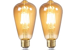 DiCUNO Vintage Light Bulb E27 Edison Screw Bulb, 6W Equivalent to 60 Watt, Retro Amber Glass Lamp, 2200K Warm White, Non-dimmable, ES LED Filament Lamp Squirrel Cage, ST64, 600LM, 2 Packs
