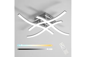 Goeco Lampadario LED Soffitto Dimmerabile, 28W 3000 k - 6500 k Plafoniera a Soffitto con Telecomando, Lampada Soffitto Moderno Curvo per Soggiorno, Camera da Letto Cucina, Argento 45 * 45 * 8 cm