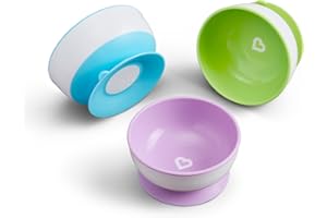 Munchkin Zestaw Misek z Przyssawkami Stay Put, Miseczki do Karmienia Niemowląt, Zestaw Naczyń z Przyssawkami, dla Dzieci w 6. Miesiąca, bez BPA, Można Myć w Zmywarce i Używać w Mikrofalówce, 3 Sztuki