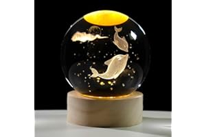Arikyrist 3D Dolphin Crystal Glass Ball Figurines with Wooden Base, 3D Laser Engraved Dolphin Glass Spheres Gifts, Crystal Ball Night Light Home Decorations