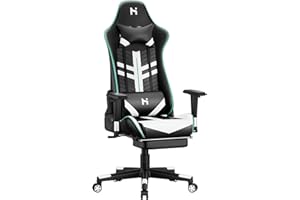 HLFURNIEU Chaise Gaming Ergonomique, Fauteuil Gamer avec Repose-Pied Télescopique, Chaise Gamer avec Hauteur Réglable, Appui-tête et Support Lombaire, Noir et Blanc