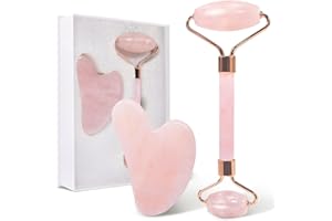 ‎GUGUG GUGUG Rosenquarz Roller und Gua Sha Stein, Natural Jade Roller for Facial Massage, Face Roller for Eye Puffiness, Skin Tightening