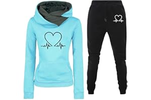 TinaDeer Damen Trainingsanzug Set 2-Teilig Heartbeat Print Hoodie Jogginghose Sweatshirt Hose Zweiteiler Jogginganzüge Damen Kapuzenpullover Sporthose Set