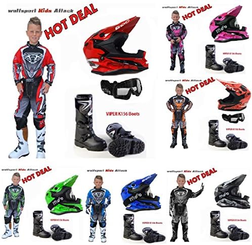 Super New Deal For 2017 For Kids Motorbike Motorcycle Kids Motocross MX Quad Wulf Attack Suits + 3GO K188 Off Road Helmets for Children + X1k Kids Goggles + Viper K156 Boots - S, 3-4 YRS BLACK - Boots Size: 28/10