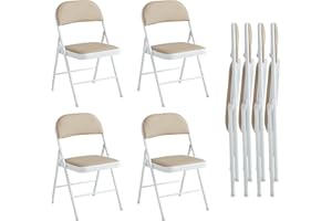 mcc direct Set of 4 Folding Chairs, Faux Leather Foldable Chairs with Metal Frame and Padded Seat, Easy to Fold and Store for Home, Office, Dining and Reception (Creamy)