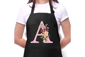 SINEKONG Personalisierte Initialen Schürzen Damen, Kochschürze Baumwolle Verstellbare Küchenschürze mit Taschen zum Kochen, Backen, Geschenk für Frauen Mama Oma Freundin zum Geburtstag Muttertag Weihnachten A