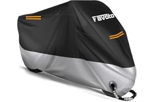 Favoto Housse de Protection Imperméable pour Moto Couverture 210D avec Bande Réfléchissante Résistant aux Poussière Pluie Neige UV Vent Soleil Déjections d'oiseaux, 245x105x125cm Noir+Argent