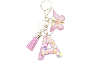 Xsclpomddy A-Z Initials Letter Keychain Pink with Tassel Butterfly Pendant for Wallet Backpack Handbags Women