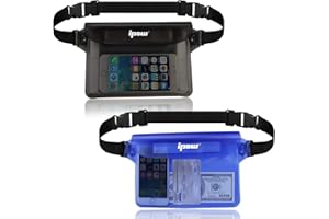 IPOW 2PCS Pochette Étanche à Ceinture Certifiée IPX8 Sangle Ajustable 3 Zipper Plastique Housse à Ceinture/Etui Imperméable/Sac pour Nautique,Pêche,Kayak,Baignade,Protection Téléphone/Argents/Cartes