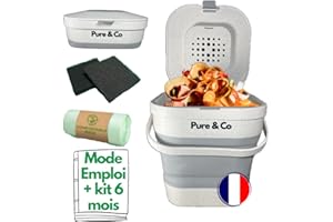 PURE & CO Pure&Co -Composteur Cuisine Pliable 4L -Poubelle Compost Table Déchet Alimentaire -Anti Odeur Couvercle+Filtre-Bioseau -Appartement Petit Plan Travail -Jardin -Recyclage -Kit Démarrage Offert