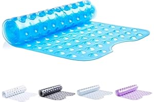 TranquilBeauty No Slip Bath Mat with Suction Cups - Blue 100x40cm/40x16in Extra Long Bathtub Mats - Anti-Mould, Machine-Washable, No Latex - Shower Mat Ideal for Elderly and Children