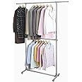 Loop Group Stainless Steel Double Pole Rail Telescopic Movable Portable Adjustable Clothes Garment Hanging Rack Stand with Wheels (1, Steel)