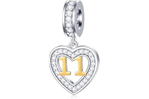 GLOWDAS 10 to 25 28 30 33 35 40 45 50 55 60 65 70 75 80 Birthday Charms, fit European Anniversary Bracelet/Necklace, Golden Number 925 Sterling Silver Heart Pendant with CZ, for Women/Men