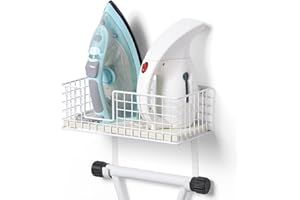 YBING Soporte para tabla de planchar con estante para tabla de planchar con cesta de almacenamiento de madera y ganchos extraíbles para el hogar, lavandería, metal, blanco