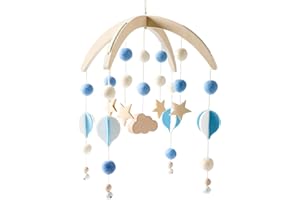 Youuys Giostrina Culla Neonato in Legno con Palline di Feltro, Stelle Culla Mobile Neonato, Baby Campanelli Eolici Culla Mobile, Decorazioni per Cameretta, Regalo per Neonato 0+ Mesi (Blu)