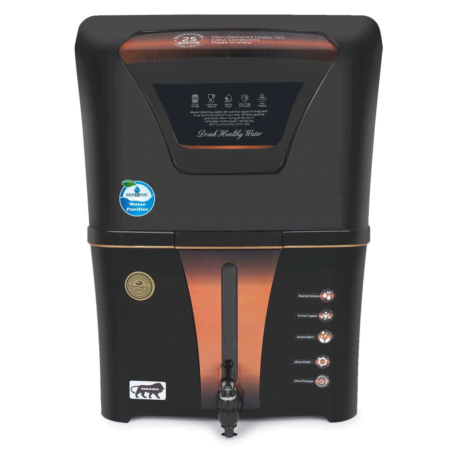 AQUA D PURE Copper RO WatePurifier with UV, UF and TDS Controller | 12Liter | Fully Automatic Function and Best For Home and 