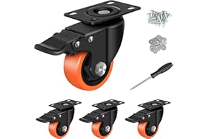 AIKYA Set 4 Ruote Girevoli Piatte Orange 75mm, con 4 Freno e Bulloni - Portata 300KG - Facili da Installare - Ideali per Mobili e Carrelli Interni ed Esterni