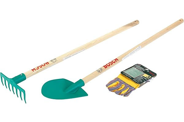 Theo Klein 2712 Bosch Garten Set de Jardin, 3 pièces, Pelle et Râteau, Manche Percé pour Suspension Pratique, Gants de Travail de Haute Qualité, Anti-UV, Jouet pour Enfants à Partir de 3 ans