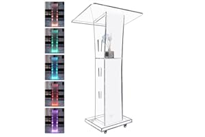 Afitdon Acryl Podium, Transparenter Acryl Rednerpult mit Rädern & Speicher Regal, Kirche Kanzel mit 15 Farbe LED-Licht, Podium Ständer for Kirche, Vortrag, Hochzeit, Klassenzimmer(23.6"x16.1"x 45.2")