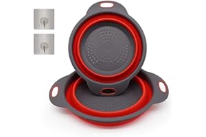 CCUCKY 2 Pezzi Scolapasta Pieghevole,Scolapasta in Silicone Sinck,Non tossico Lavabile in lavastoviglie,Cesto di Frutta Portatile,con 2 Ganci per Adesivi murali Forti (Rosso)