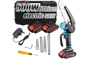 Irishom Mini Chainsaw, 4 inch&6 inch Portable Electric Chainsaw Cordless with Security Lock 2 Chains 2PCS 21V 1500mAh Batteries，Small Handheld Chainsaw for Garden Courtyard Branches Wood Cutting Tree