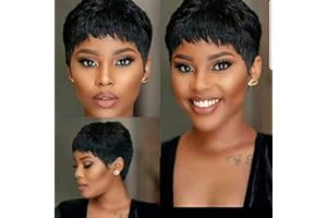 Fereowth Courte Pixie Perruque Femme Naturelle Perruque Courte en Cheveux Humains Short Human Hair Wig Droit Brésilienne Couche Cheveux avec Frange Perruques (Noir)