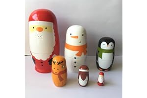 Veewon Christmas Nesting Dolls Handmade Wooden Cute Matryoshka Russian Doll Santa Claus Snowman 6" - 6pcs