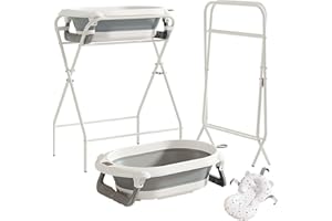 UBRAVOO Baby Bath with Stand, Baby Bathtub Foldable with Thermometer and Bath Pillow, Ergonomic Cushion and Drain Hose, Durable & Easy to Store, Best for Newborns & Babies Up to 12 Months (Grey)