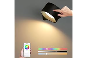Lightsjoy Lámpara de Pared Interior Recargable Aplique Pared Pilas APP Táctil Iluminación con rotación de 360° Luz de pared RGB 3 Colores Temperatura Dormitorio Sala de estar Lectura-Negro