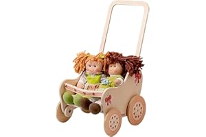 Dida | Passeggino in Legno per Bambole Fiocco, Small | 28×23×49 cm | Ruote Silenziose, Manico Ergonomico, Sedile Decorato | Gioco Montessori 2–4 Anni | Carrozzina per Bambole fino a 35 cm
