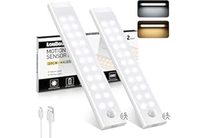LOUBOUT Reglette Led Cuisine, 20cm 44 LED Detecteur de Mouvement Interieur, 2 Couleurs Temps Lampe de Placard, Rechargeable & Dimmable Led Cuisine Sous Meuble Veilleuse pour Armoire, Escalier,(2 pièces)
